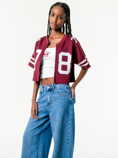 Mississippi State - Zip-Up Cropped Fashion Football Jersey - Maroon