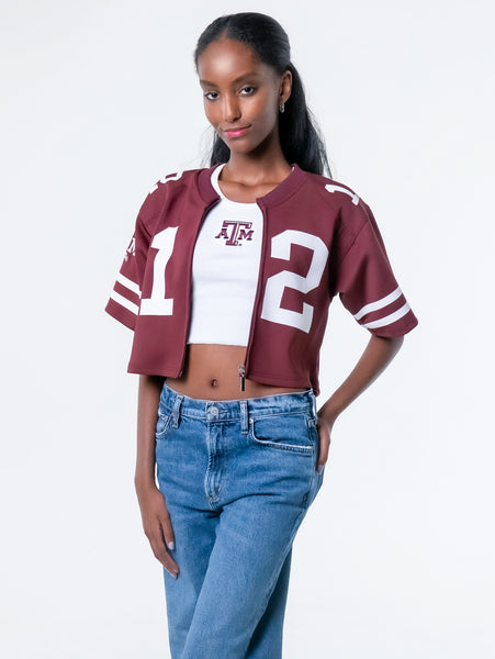 Texas A&M - Zip-Up Cropped Fashion Football Jersey - Maroon