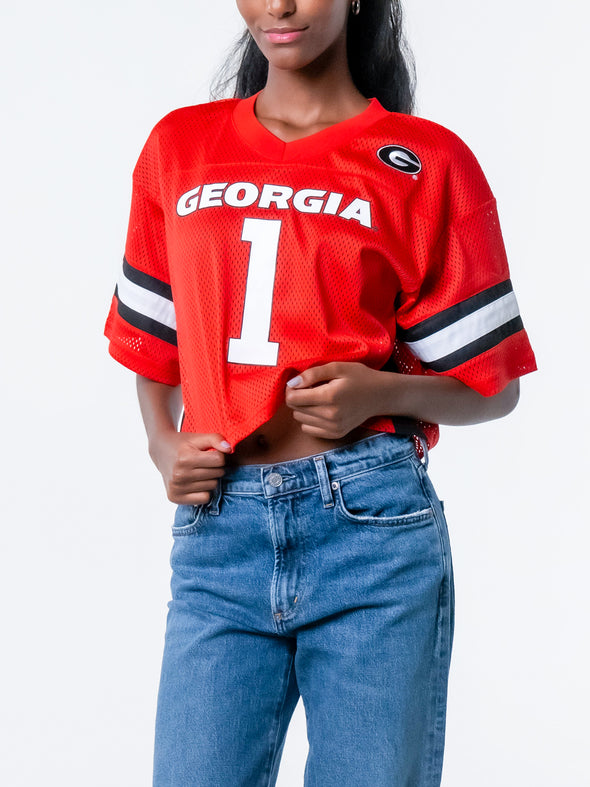 University of Georgia - Special Edition Women's Mesh Cropped Fashion Football Jersey NIL #1 Trevor Etienne - Red / Etienne