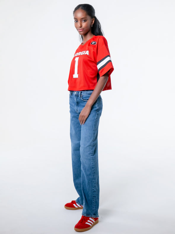 University of Georgia - Special Edition Women's Mesh Cropped Fashion Football Jersey NIL #1 Trevor Etienne - Red / Etienne