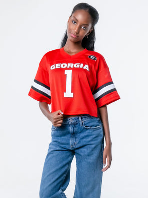 University of Georgia - Special Edition Women's Mesh Cropped Fashion Football Jersey NIL #1 Trevor Etienne - Red / Etienne